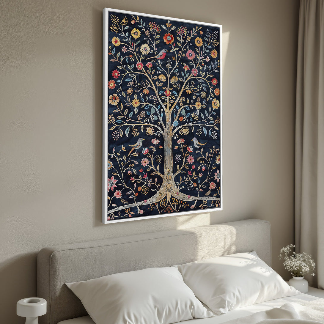 Framed Wall Art featuring a vibrant tree of life design with colorful flowers and birds against a dark blue background. Adds elegance to any bedroom.
