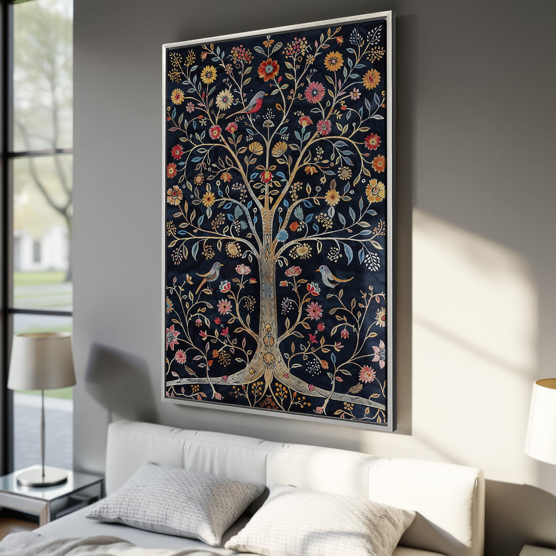 Framed Wall Art: Colorful floral tree canvas print in a bedroom. Features a dark blue background with gold, red, and yellow accents. Perfect for adding a touch of nature.