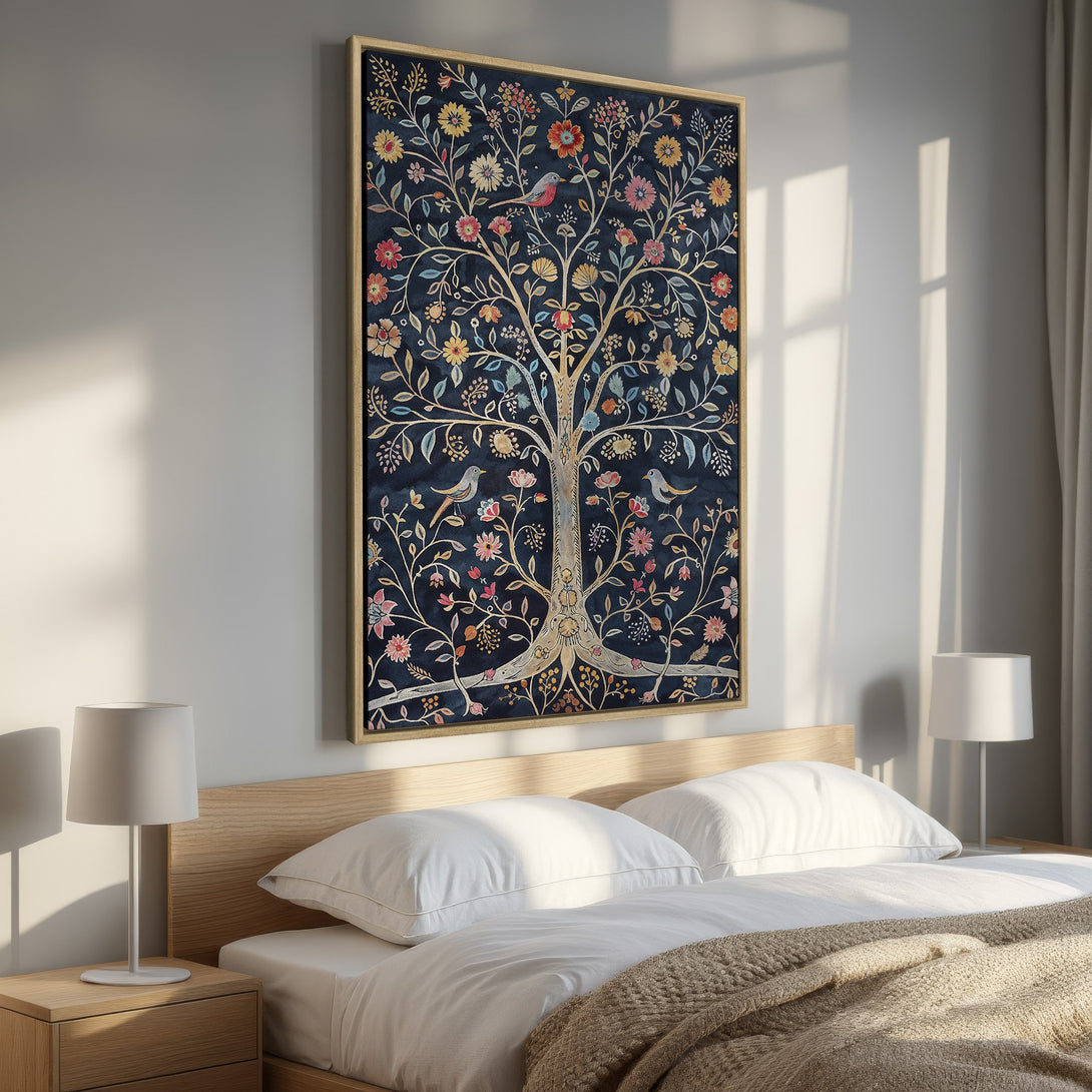 Framed Wall Art featuring a vibrant tree of life design with birds, in a rich blue, gold, and floral color palette. Perfect for bedroom decor!