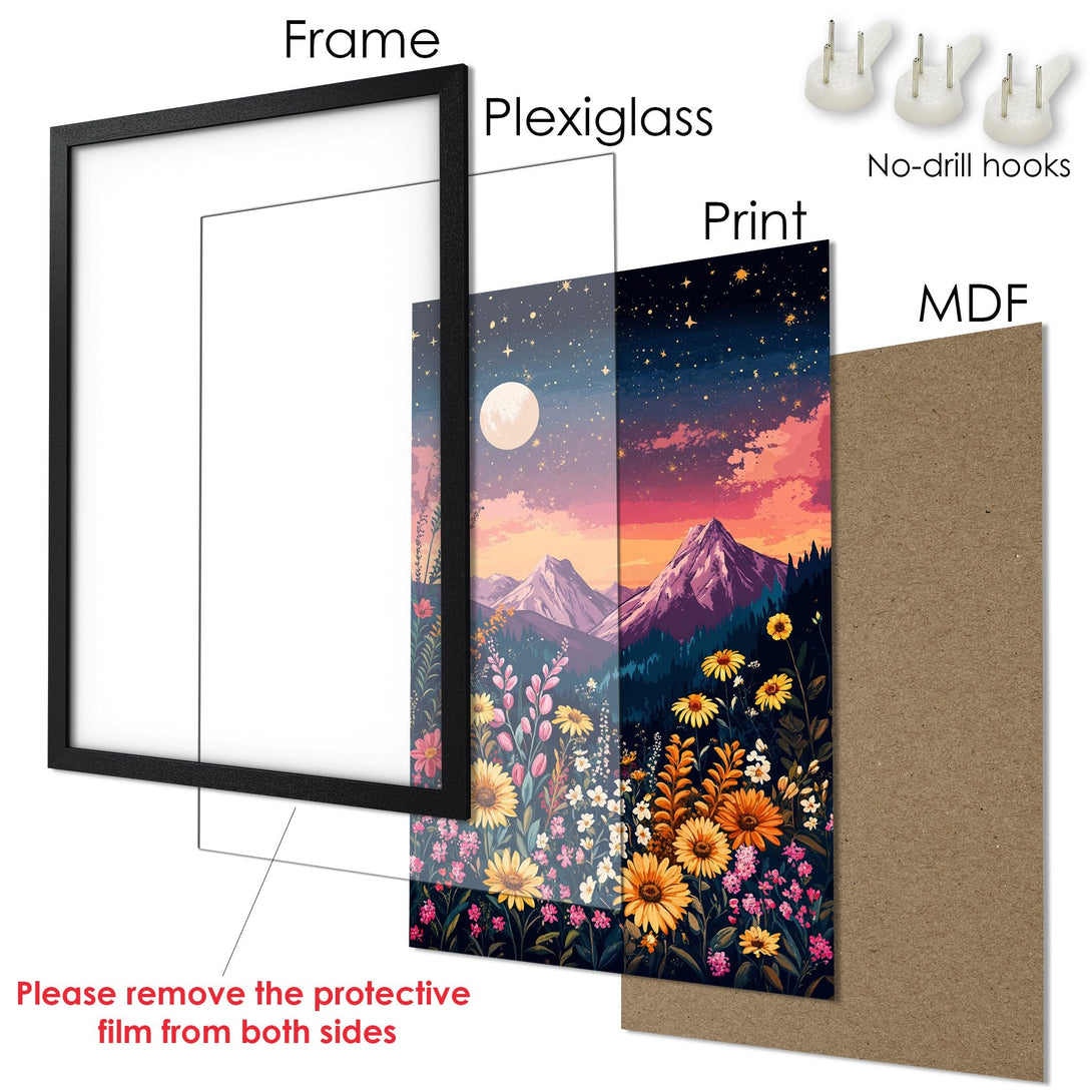 Framed Poster featuring a vibrant floral and mountain landscape art print with a warm color palette. Perfect wall decor!