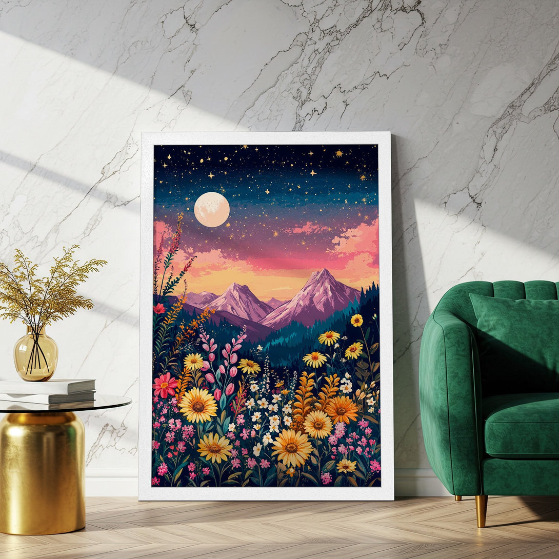 Framed Poster featuring a vibrant floral landscape with mountains, starry sky, and a warm color palette. Perfect wall art!