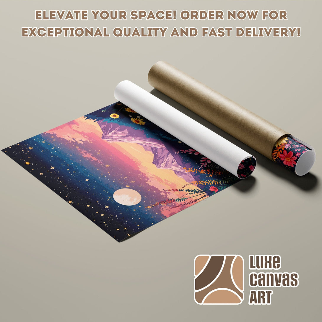 Poster Roll featuring a dreamy landscape art print with a vibrant pink, blue, and yellow color palette. Perfect wall decor!
