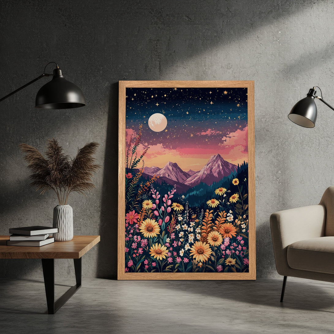 Framed Poster featuring a whimsical landscape with mountains, flowers, and a moon. Warm color palette with blues, pinks, and yellows.