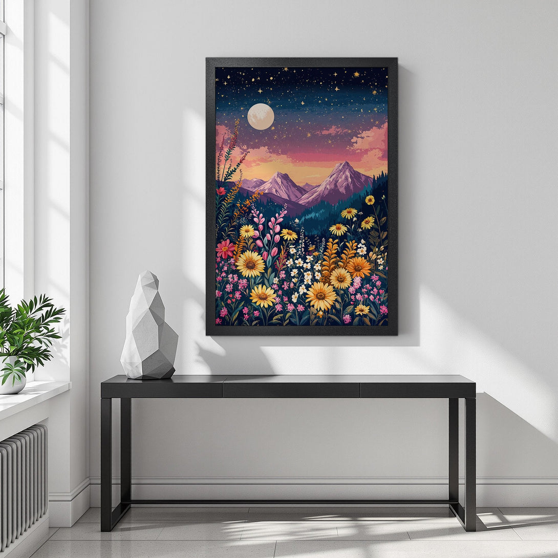 Framed Poster featuring a vibrant floral landscape with a mountain backdrop. Beautiful art print with a dreamy color palette of blues, pinks, and yellows.