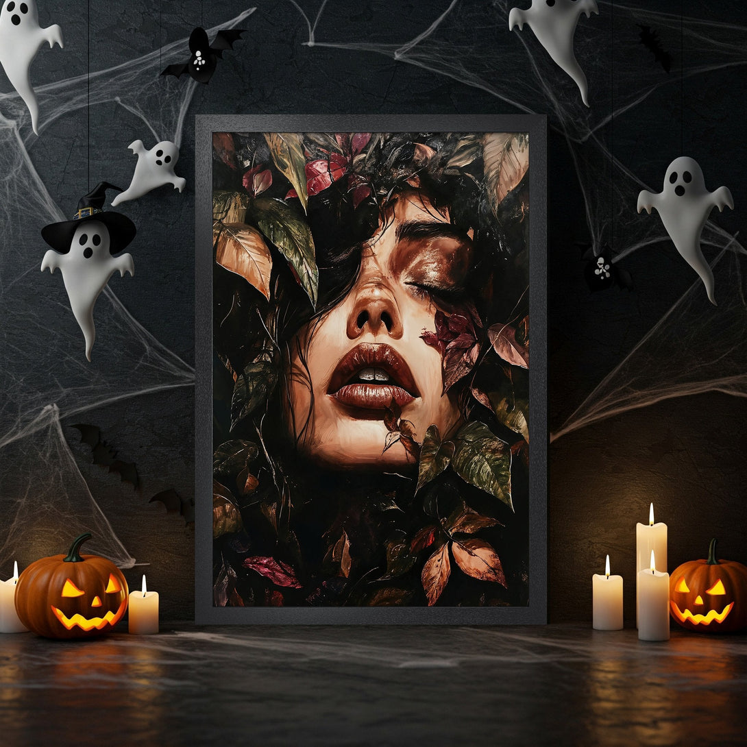 Framed Poster featuring a woman's face with leaves, dark and moody style, warm color palette. Perfect Halloween decor.