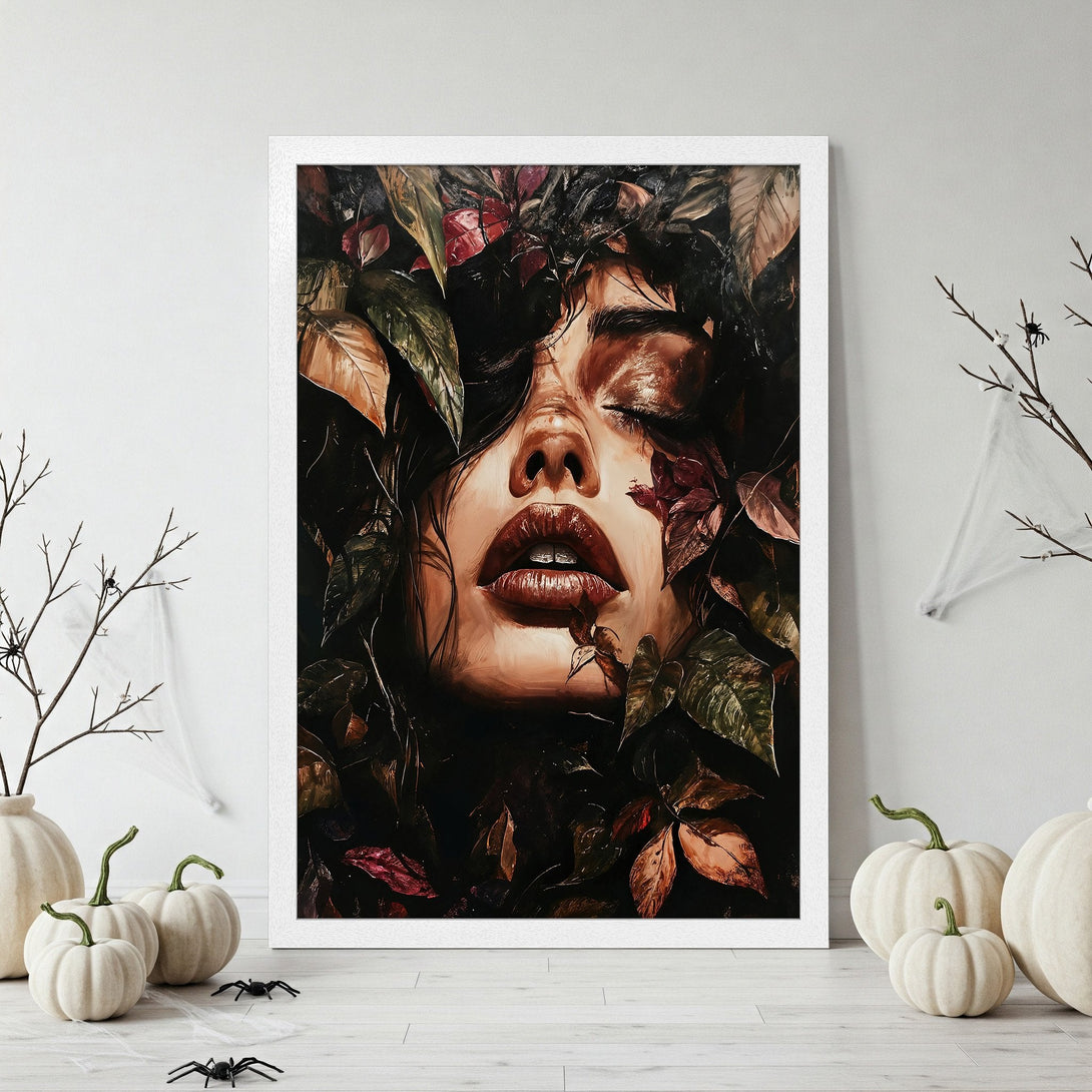 Framed Poster featuring a woman's face amidst leaves, in a dark, moody style with a warm, autumnal color palette. Perfect wall art!