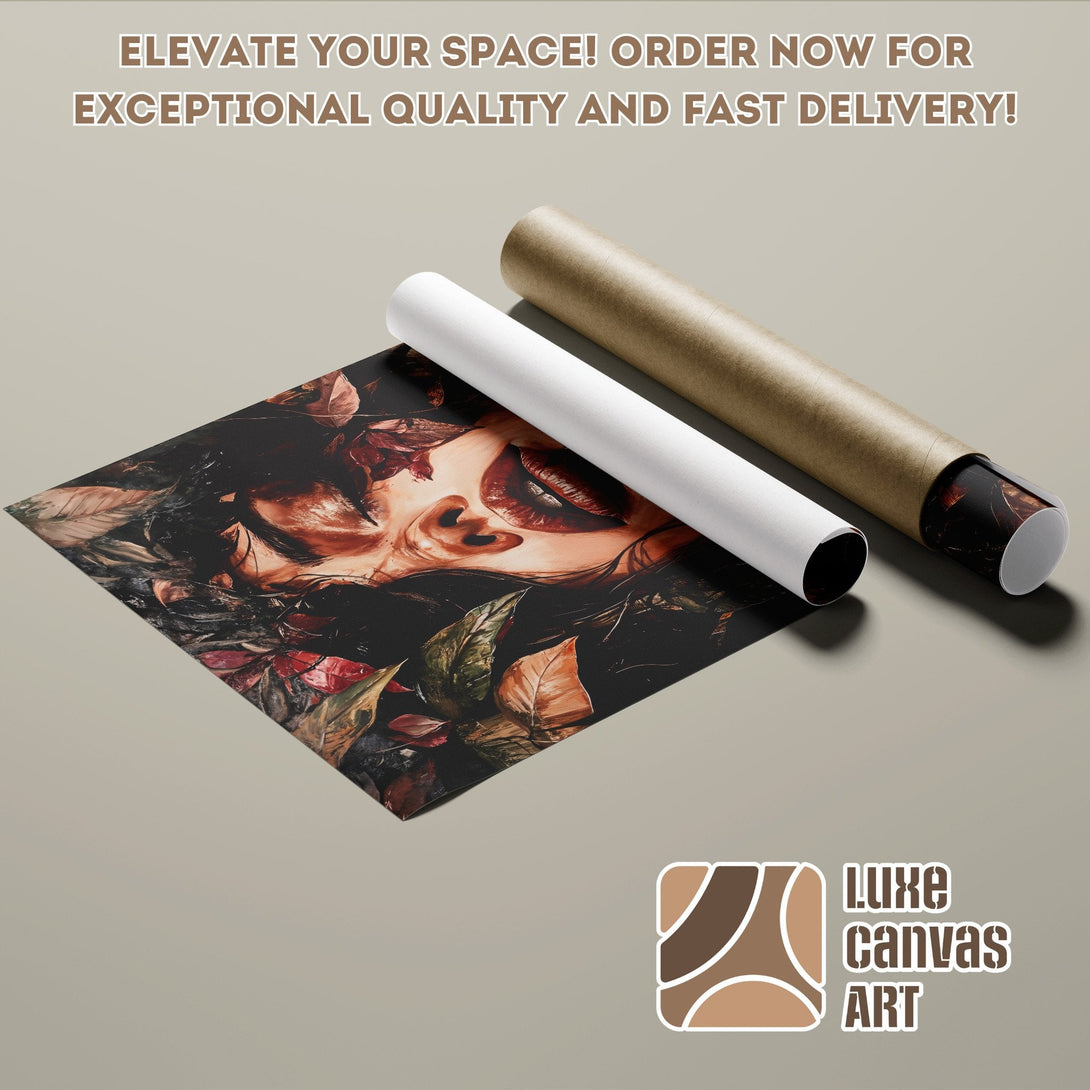 Poster Roll featuring a woman's face with floral elements, dark & moody color palette. Elevate your space!