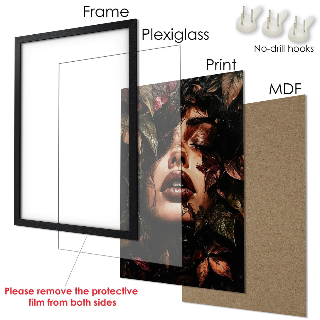 Framed Poster featuring a woman's face with floral elements, in a dark, moody color palette. Perfect wall art!