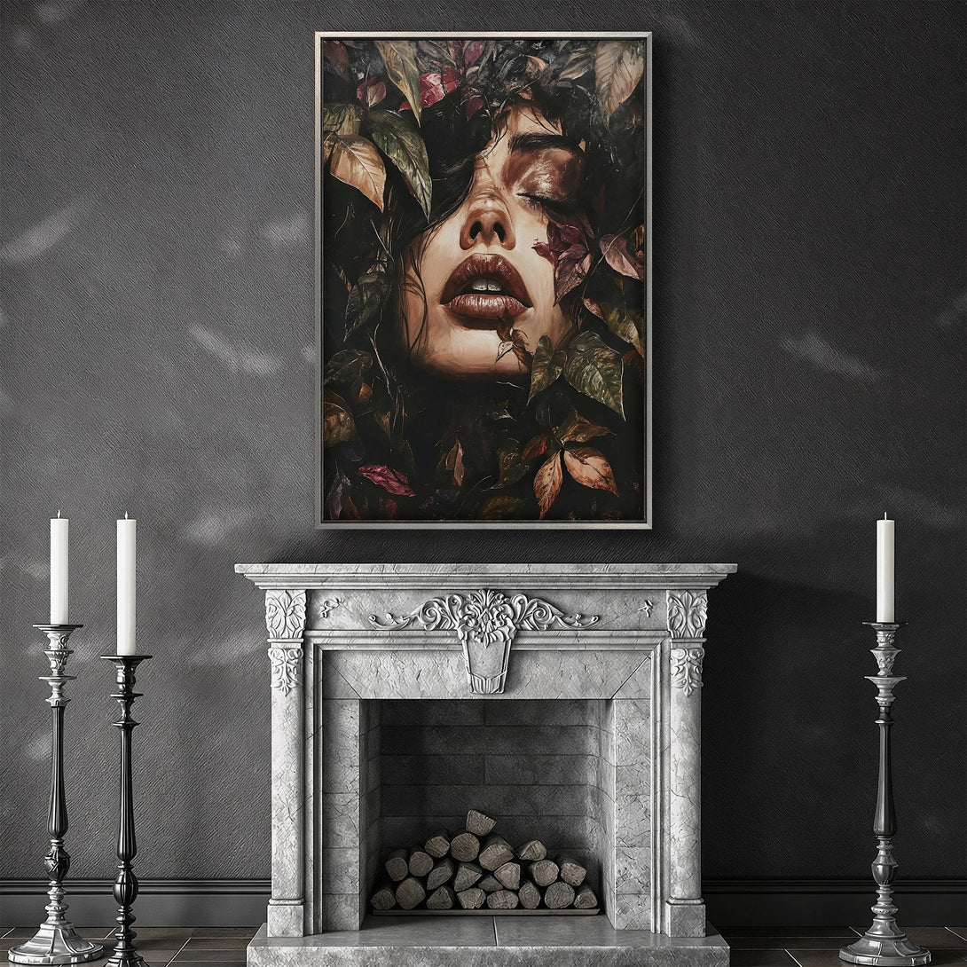 Framed Wall Art featuring a woman's face amidst leaves, in a dramatic, dark, and moody style. Earthy tones and a touch of red create a captivating Canvas Print.