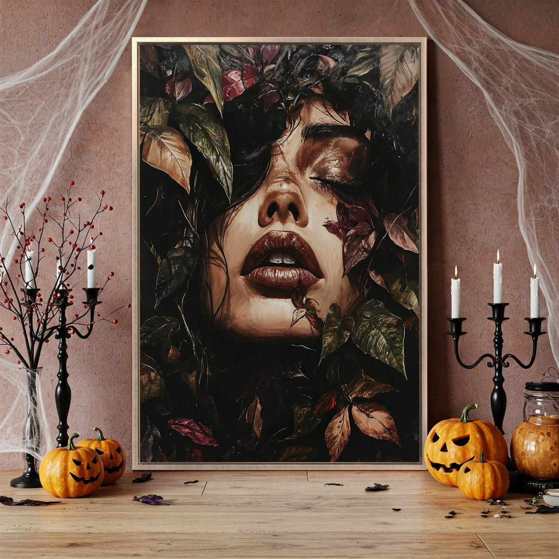 Framed Wall Art featuring a woman's face surrounded by leaves, rich dark color palette. Perfect Halloween decor!