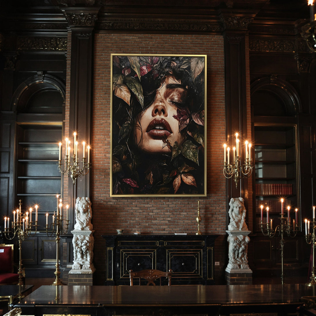 Canvas Print featuring a woman's face within leaves, moody art with a dark, autumnal color palette. Perfect for Halloween decor.