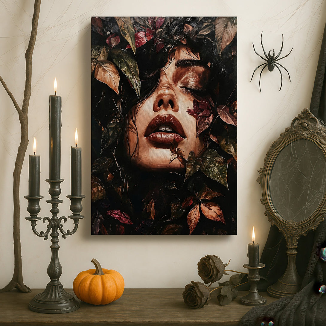 Framed Wall Art: Dramatic portrait of a woman surrounded by foliage. Dark, moody color palette with rich browns and greens. Perfect for a statement piece.
