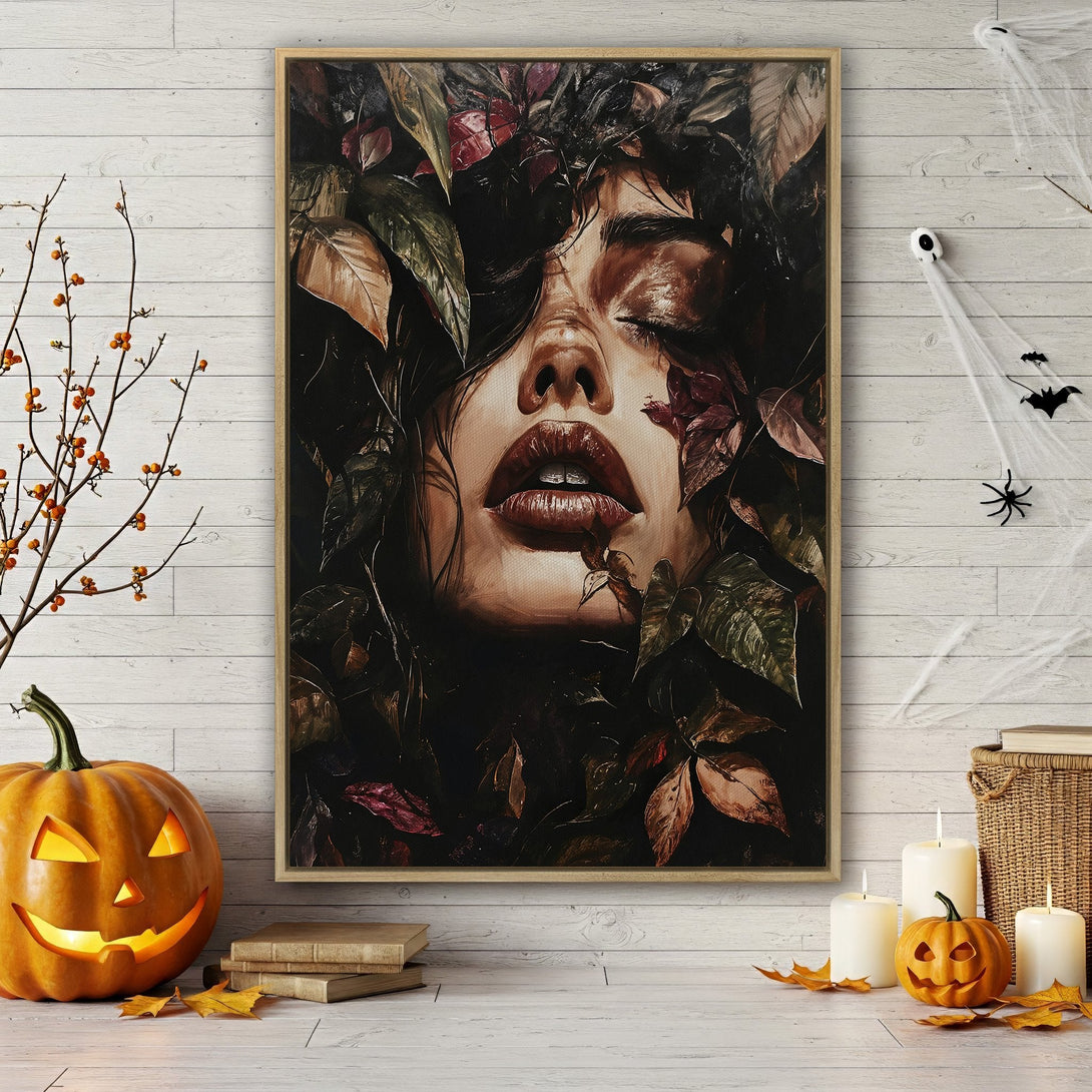Framed Wall Art featuring a woman's face amidst leaves, with a dark, moody color palette. Perfect for adding a touch of mystery and elegance to your home decor.