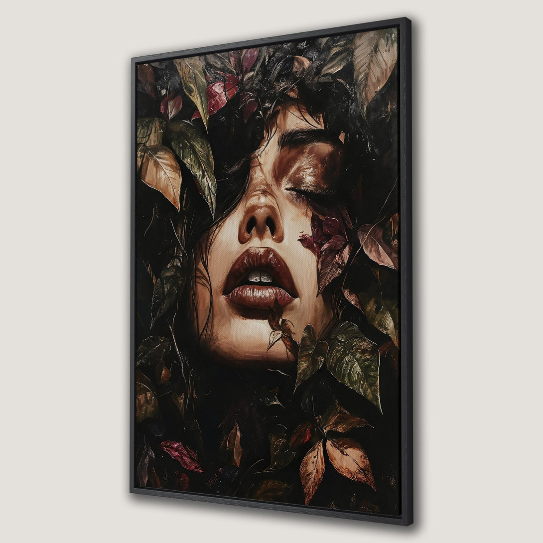 Framed Wall Art: Stunning portrait of a woman surrounded by foliage, rich in warm browns and greens. Perfect for adding a touch of elegance to your space.