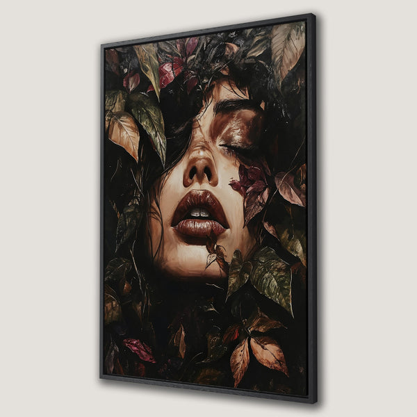 Framed Wall Art: Stunning portrait of a woman surrounded by foliage, rich in warm browns and greens. Perfect for adding a touch of elegance to your space.