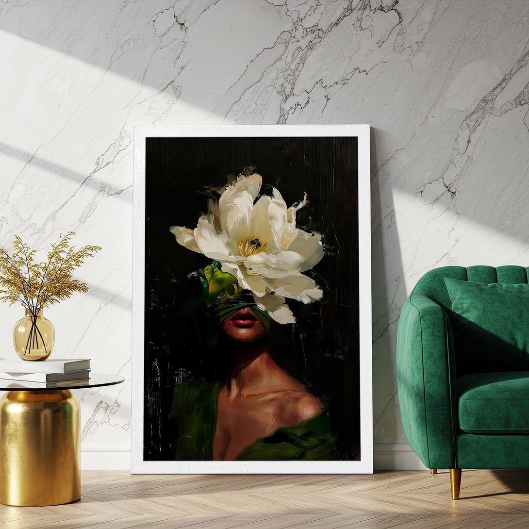 Framed Poster featuring a woman with a flower, artistic style, dark green, white, and gold color palette. Perfect wall art.