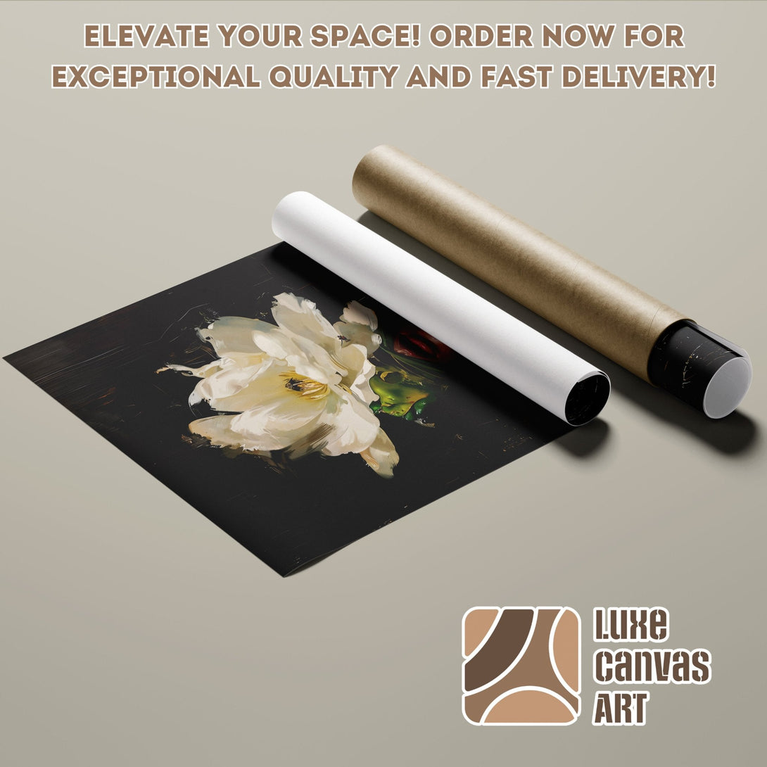 Poster Roll featuring a white flower painting on black background, neutral palette. Elevate your space!