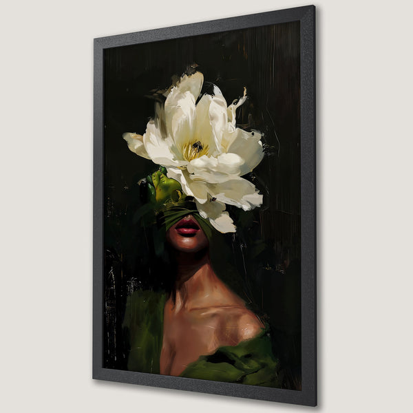 Framed Poster: Abstract art of woman with flower, dark palette. Modern wall decor for your home.
