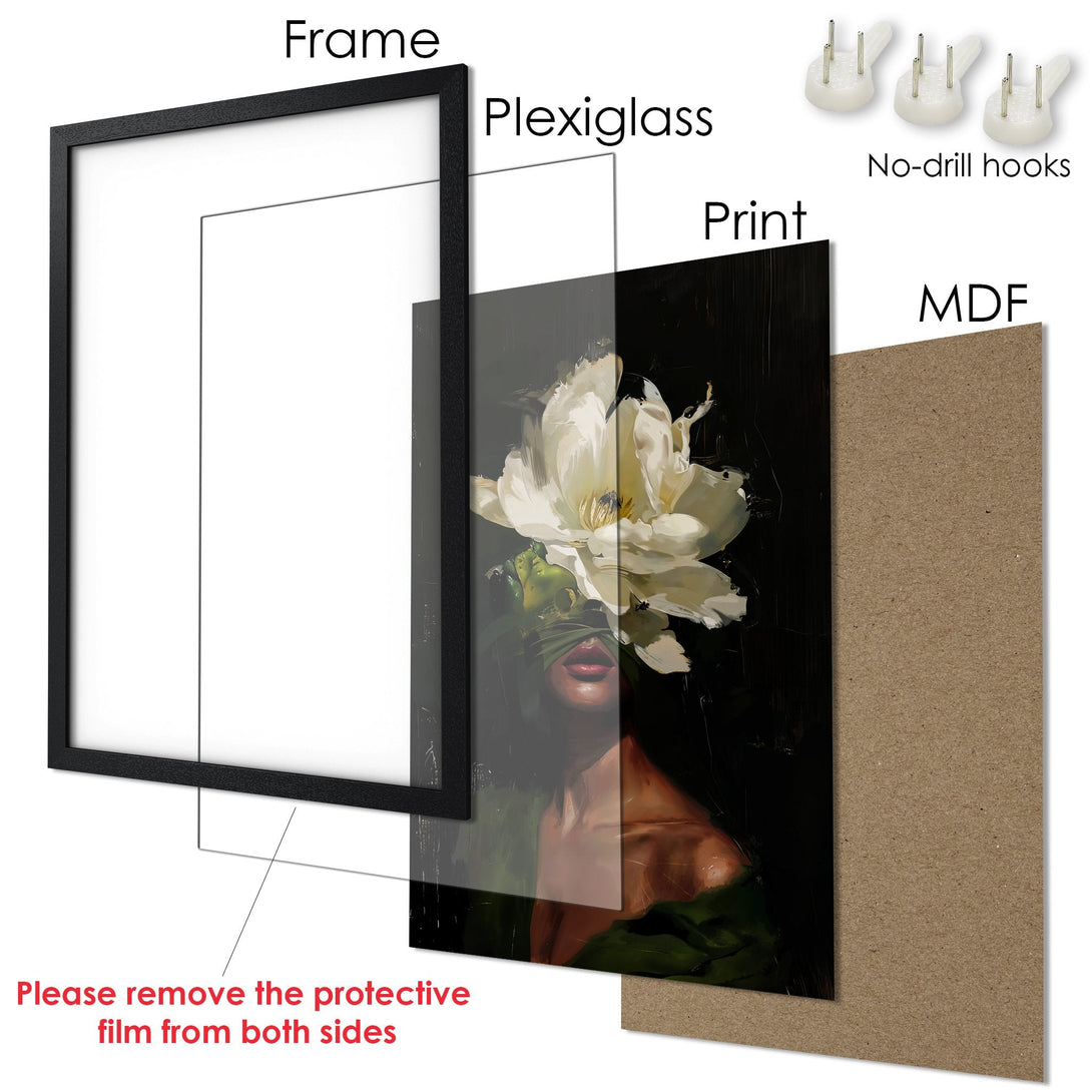 Framed Poster featuring an abstract floral portrait in a dark, moody color palette. Elevate your space with art!