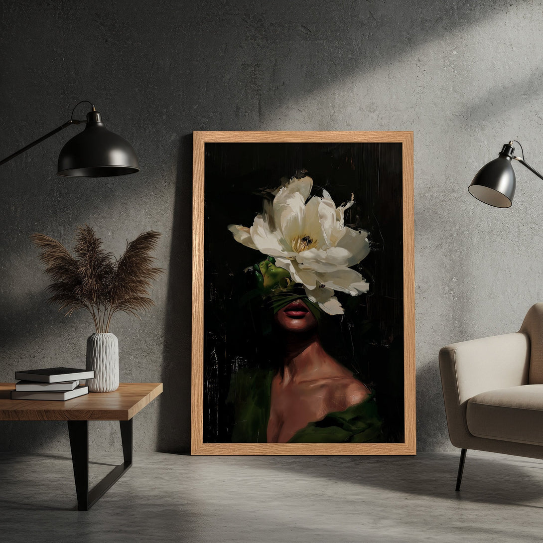 Framed Poster featuring a woman with a flower, dark and moody style. Earthy tones with pops of green and white. Perfect wall art.