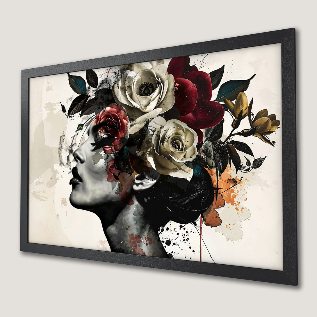 Framed Poster featuring a woman with floral headpiece, artistic style, and a monochrome, red, and cream color palette.