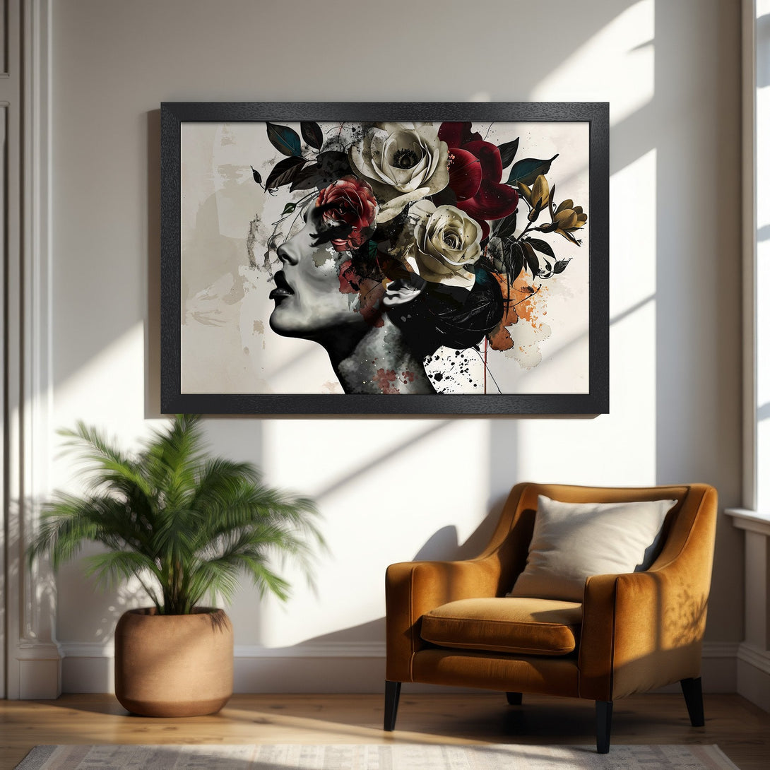 Framed Poster featuring a woman with floral crown, artistic style, neutral tones with pops of red and black. Perfect wall art!