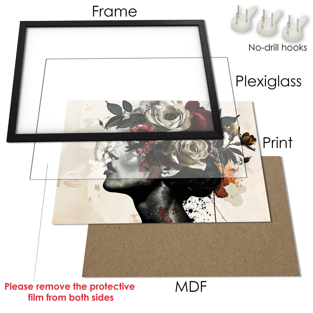 Framed Poster featuring a woman with floral elements, in a modern art style, with a neutral and red color palette.