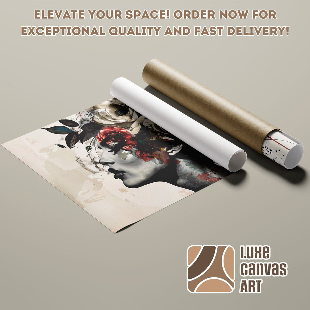 Poster Roll featuring a woman's face with floral accents, neutral tones, and artistic style. Elevate your space!