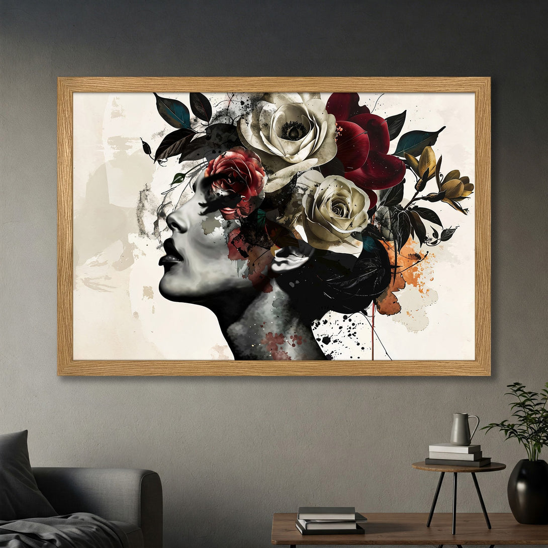Framed Poster featuring a woman's profile with floral crown, artistic style, black, white, red, and beige color palette. Perfect wall art!