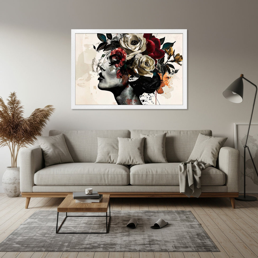 Framed Poster featuring a woman with floral crown, artistic style, neutral & red palette. Elevate your space with this stunning art poster!