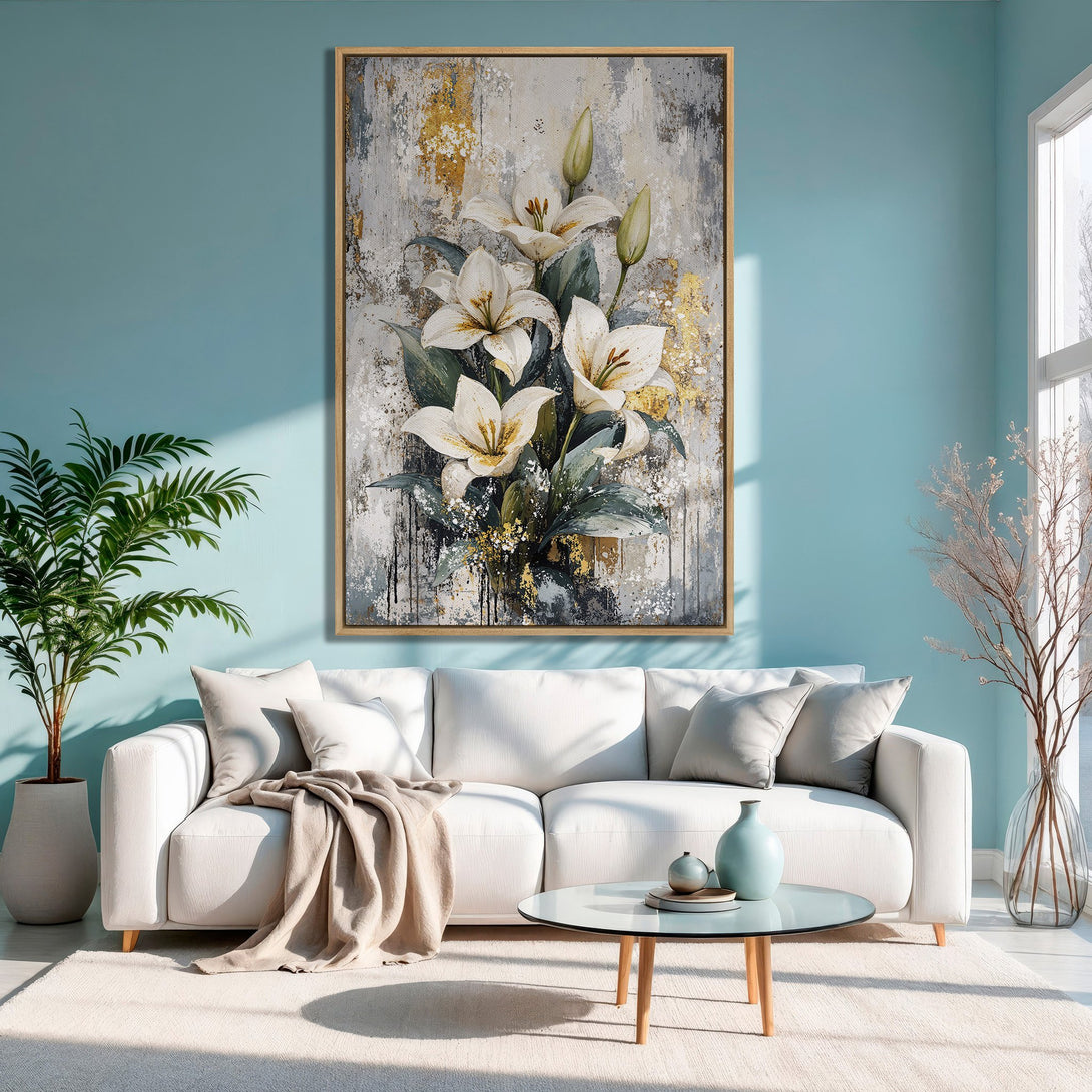 Framed Wall Art of white lilies with gold accents. Modern abstract style, neutral color palette. Perfect living room decor.