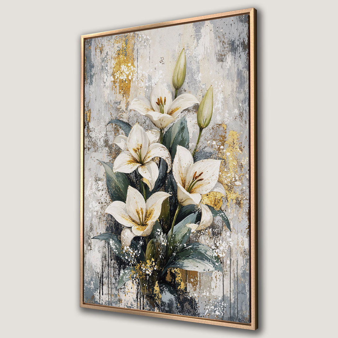 Framed Wall Art featuring elegant white lilies with gold accents on a textured, neutral background. Adds a touch of sophistication to any space.