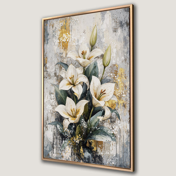 Framed Wall Art featuring elegant white lilies with gold accents on a textured, neutral background. Adds a touch of sophistication to any space.
