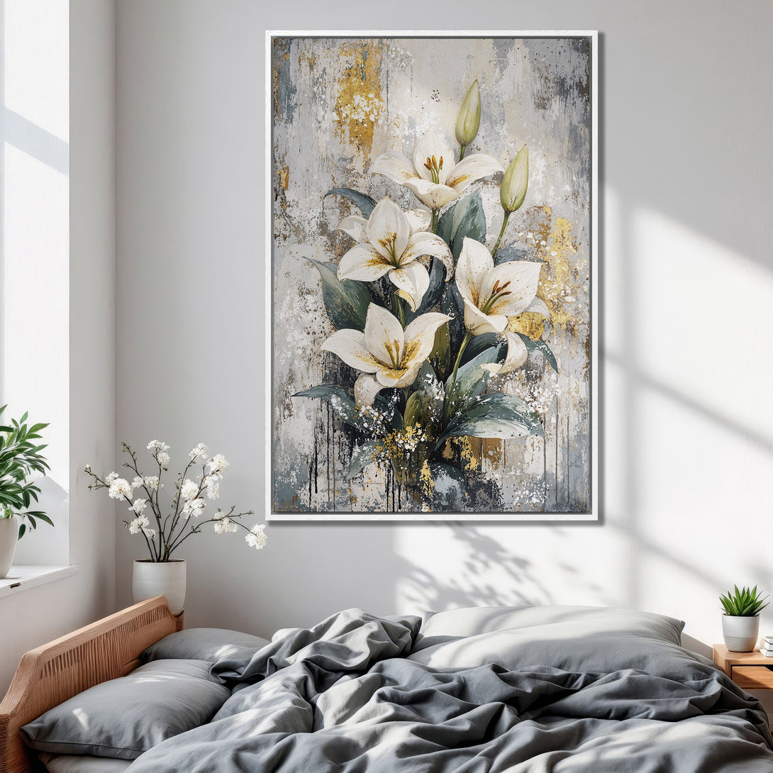 Framed Wall Art: Elegant white lily painting with gold accents on a textured background. Adds a touch of modern art to any bedroom. Neutral color palette.