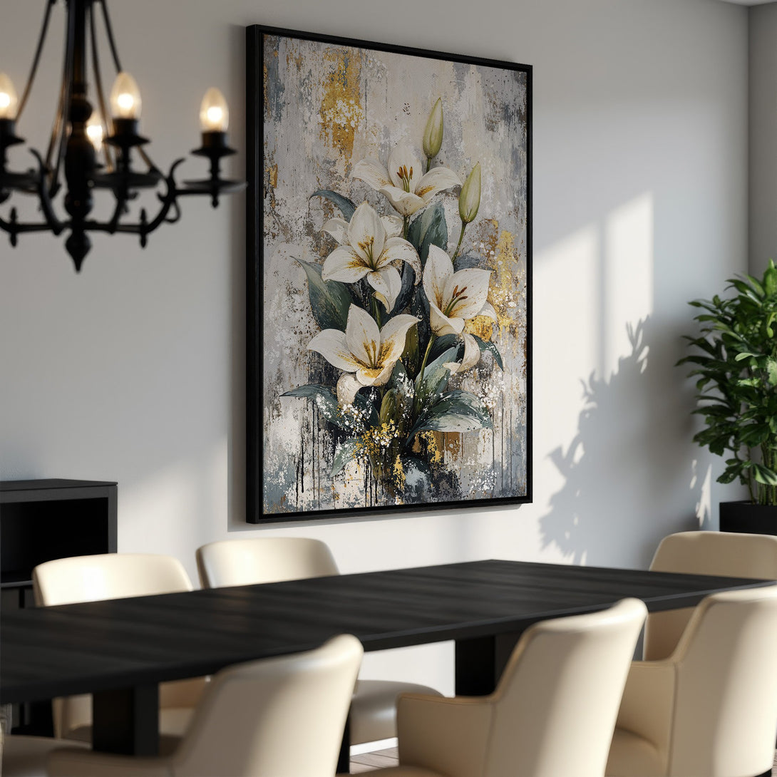 Framed Wall Art featuring white lilies in an abstract style with a gold, gray, and green color palette, displayed in a dining room setting.