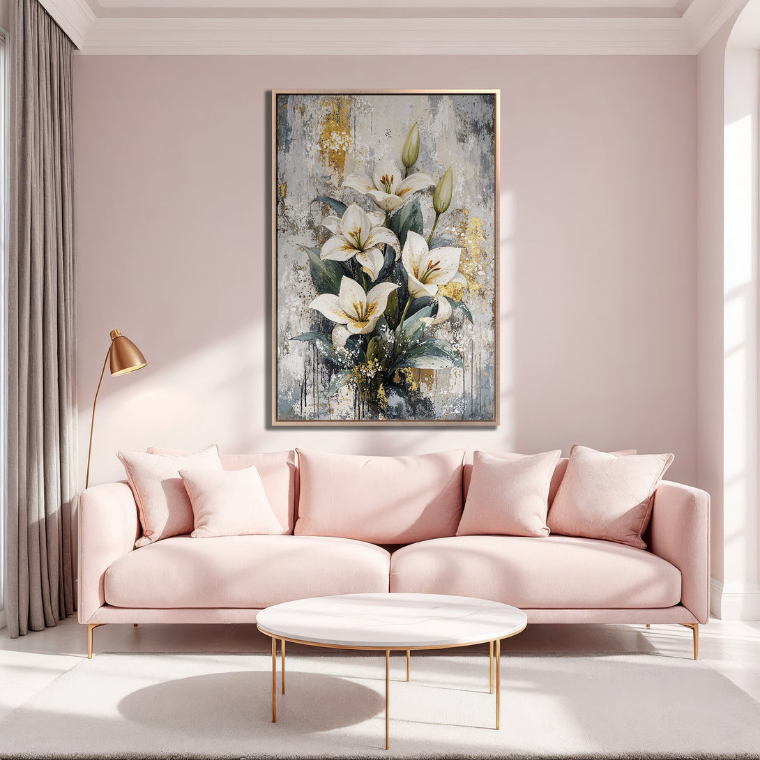 Framed Wall Art featuring elegant white lilies in a soft color palette of blush, gold, and gray. Perfect for adding a touch of sophistication.