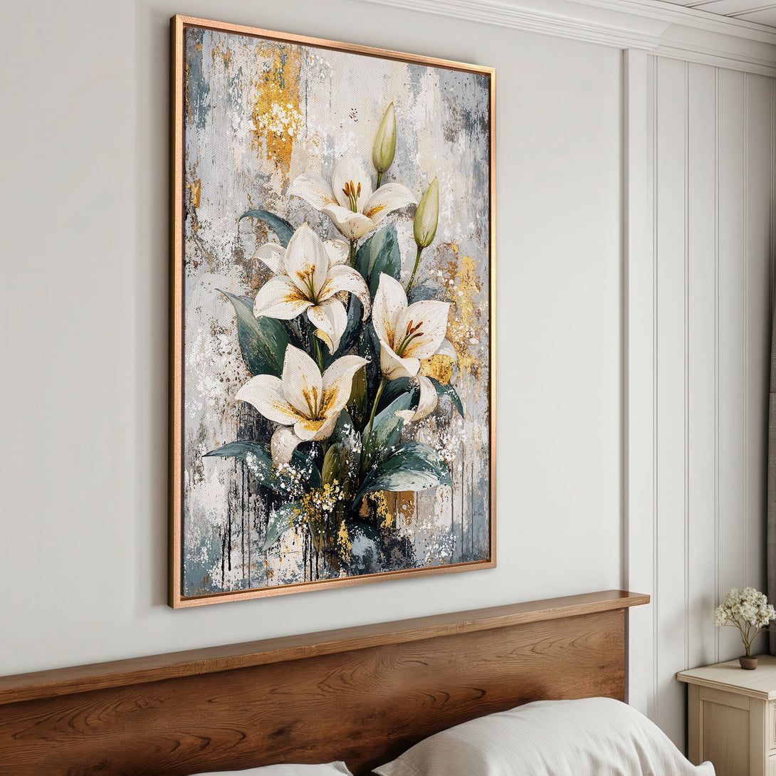 Framed Wall Art featuring a floral abstract painting of white lilies with gold accents. Beautiful art for bedroom decor.