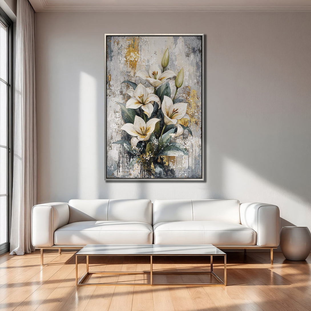 Framed Wall Art: Abstract floral Canvas Print with white lilies, gold accents, and a neutral gray/beige palette. Modern art for living room decor.