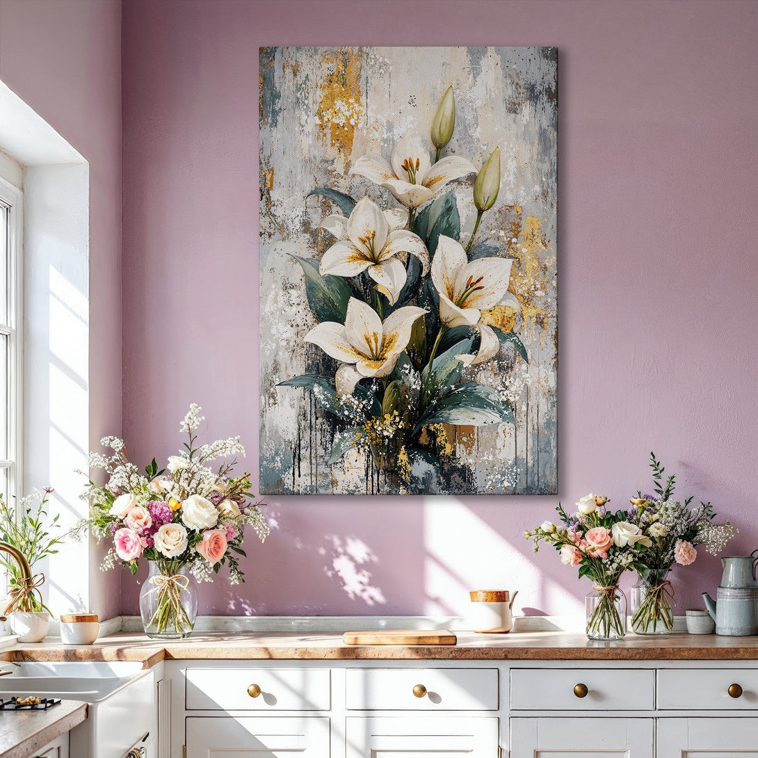 Framed Wall Art: Elegant floral canvas print in a modern interior. Features white lilies with gold, gray, and green color palette. Perfect for home decor.