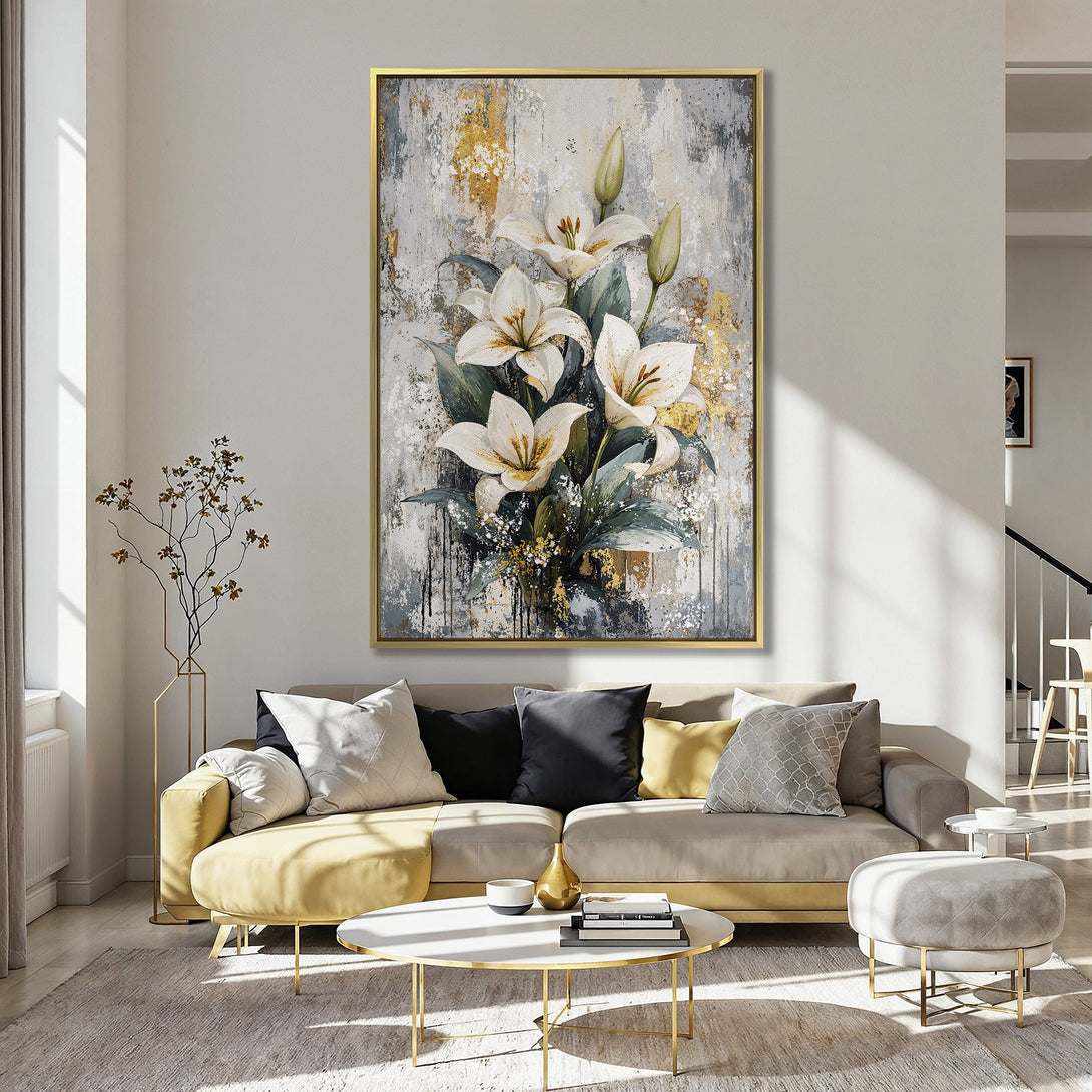 Canvas Print of white lilies in a modern, abstract style. Features a soft, neutral color palette with gold accents. Perfect wall art!