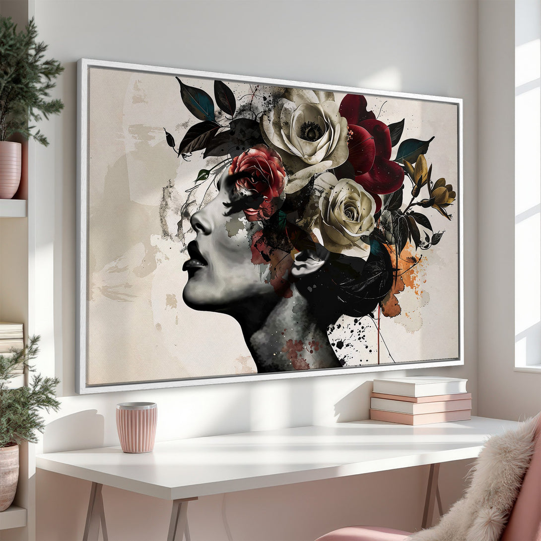 Framed Wall Art: Elegant woman portrait with floral crown. Neutral beige, red, and black color palette. Perfect for modern home decor.