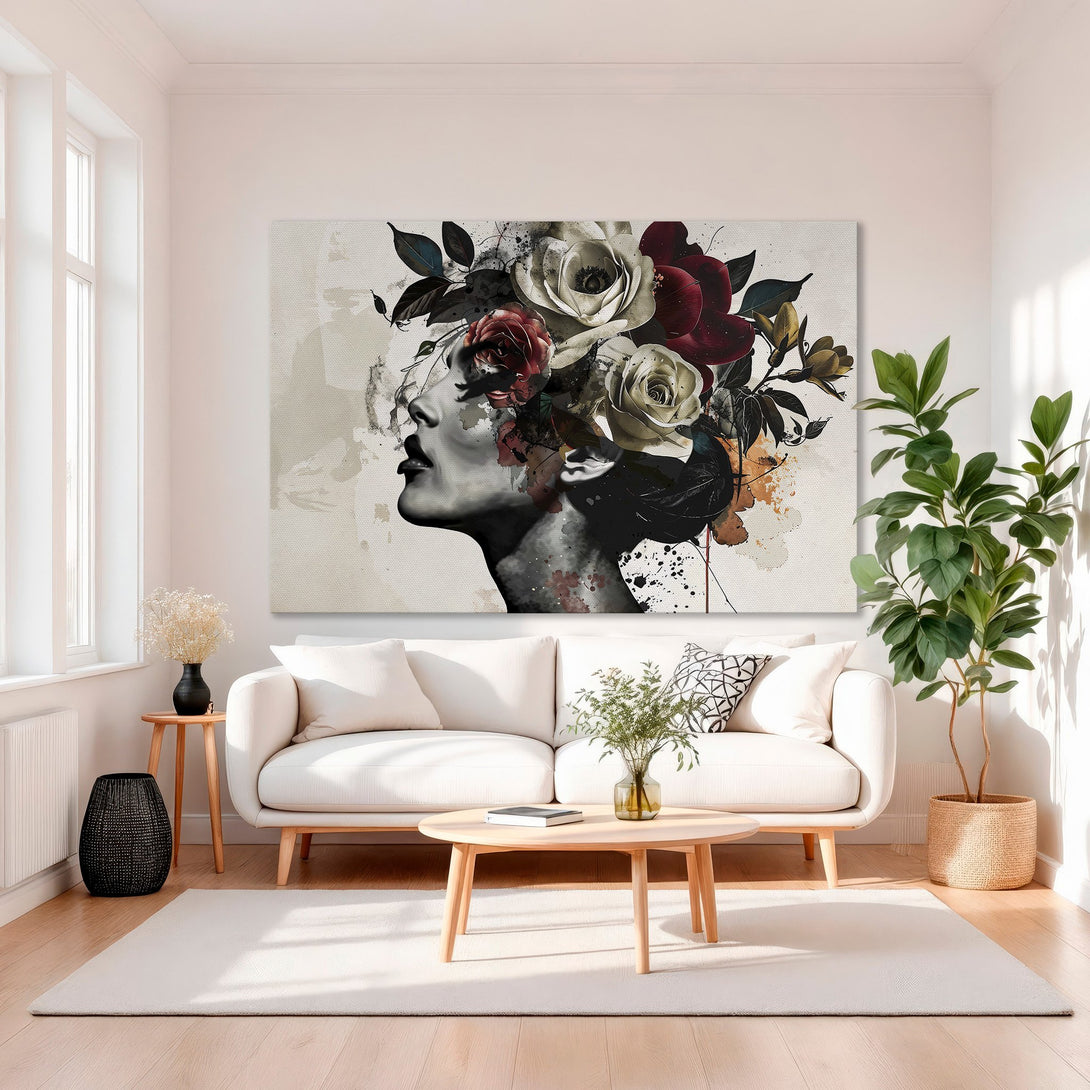 Framed Wall Art: Elegant woman with floral headpiece. Modern art in neutral tones with pops of red and gold. Perfect for living room decor.