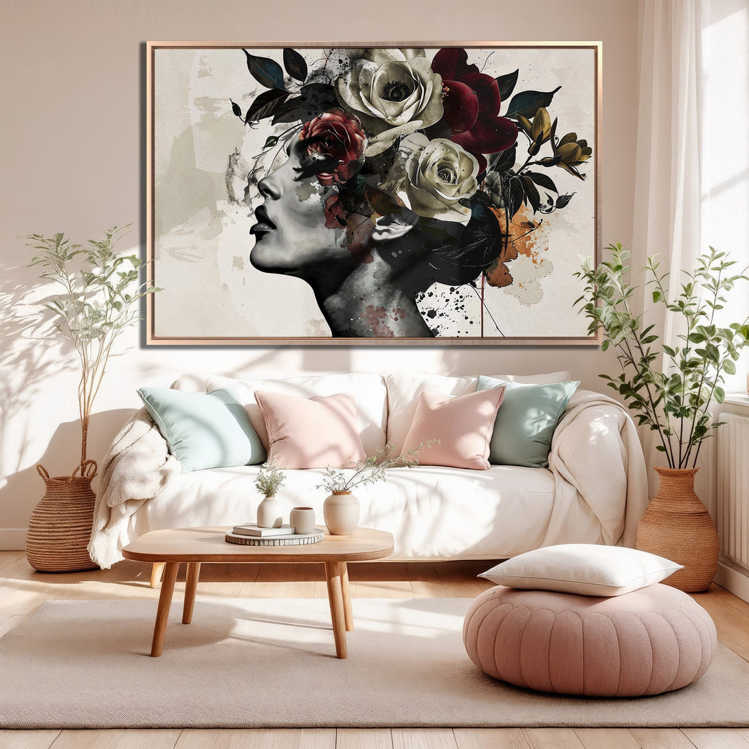 Framed Wall Art: Abstract floral portrait in neutral tones. Modern home decor featuring a woman with flowers, perfect for living room or bedroom.
