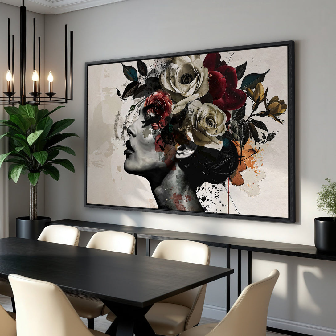 Framed Wall Art featuring a woman's portrait with floral crown. Modern, abstract style in a neutral and deep red color palette. Perfect for dining rooms.