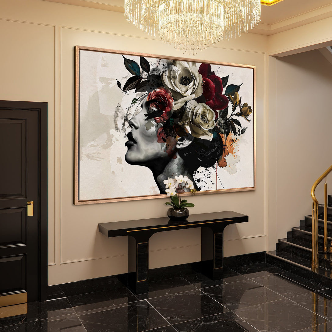 Framed Wall Art: Elegant woman portrait with floral headdress. Modern art with a neutral and red color palette, perfect for luxury home decor.