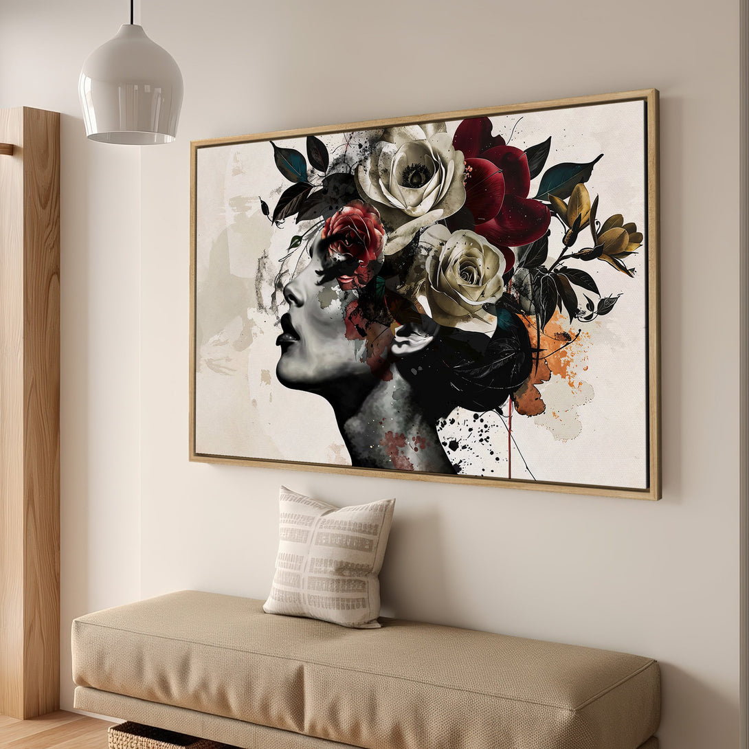 Framed Wall Art featuring a woman with floral headpiece. Modern, artistic style with a neutral and burgundy color palette. Perfect for home decor.
