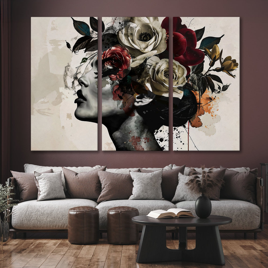 Canvas Print of a woman with floral headpiece, modern art style, neutral & burgundy color palette. Perfect wall decor.