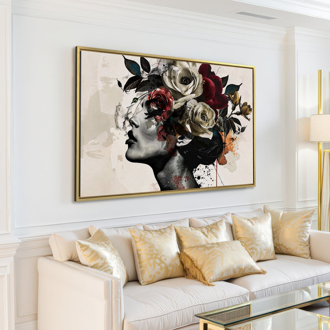 Canvas print of a woman with floral headpiece, modern art style. Neutral color palette with pops of red and black. Perfect wall art.