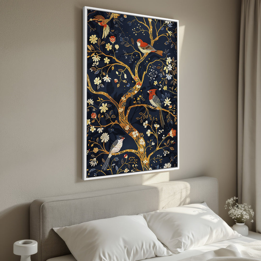 Framed Wall Art: Botanical Canvas Print with birds, featuring a navy blue, gold, and red color palette. Perfect for bedroom decor!
