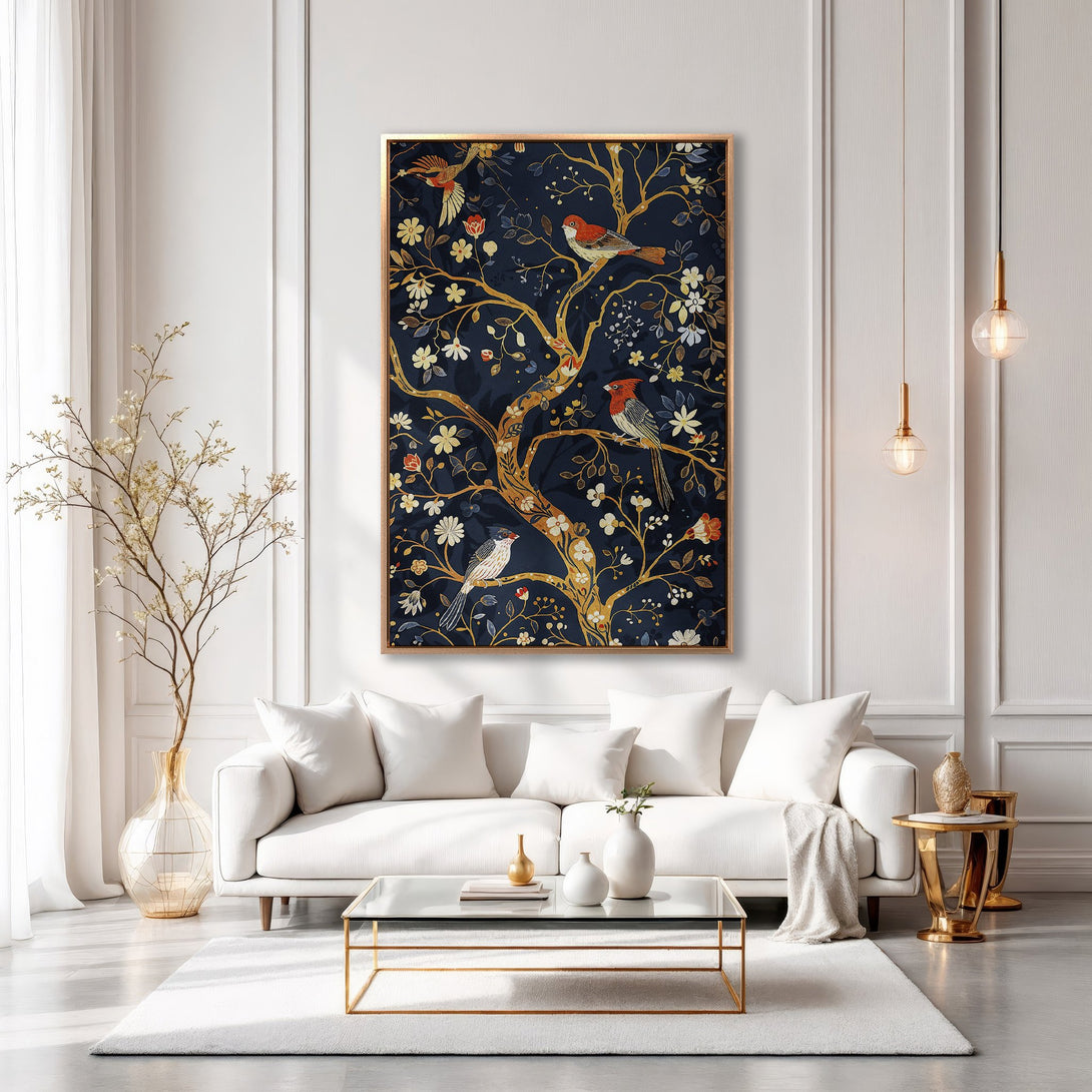 Framed Wall Art featuring a navy blue bird and floral design, gold accents, and a luxurious interior. Elevate your home decor!